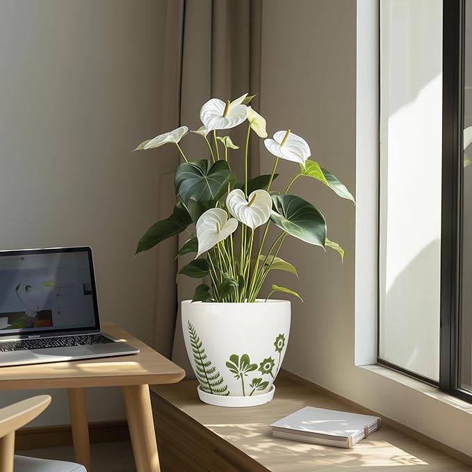 MPotTo 8.2 Inch Plant Pot - Ceramic Planter for Indoor Outdoor Flowers, Boho Round Decorative Indoor Flower Pot with Drainage Hole and Saucer, Gifts for Plant Lovers, Office Garden House Decor, White