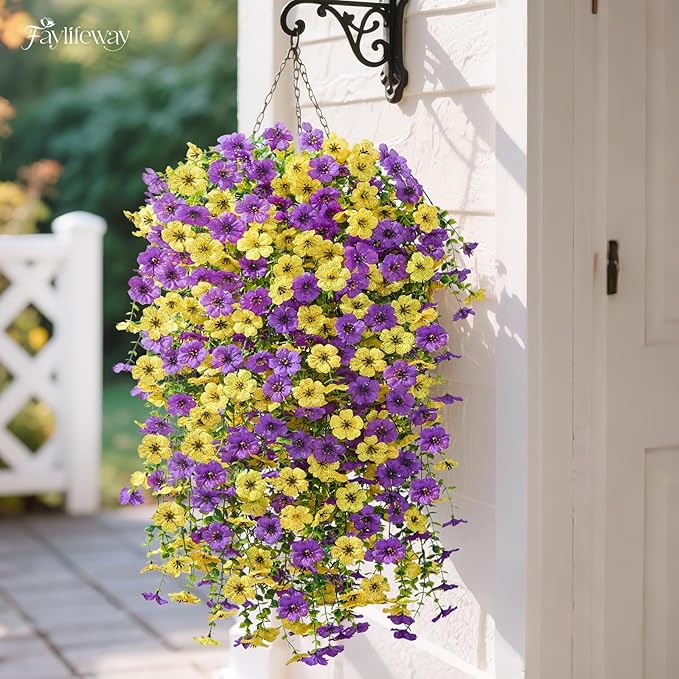 Artificial Hanging Flowers for Outdoors Spring Summer Decoration, 4PCS UV Resistant Silk Fake Hanging Plants for Patio Porch Front Yard Window Garden Indoor Decor(Purple&Yellow,4PCS)