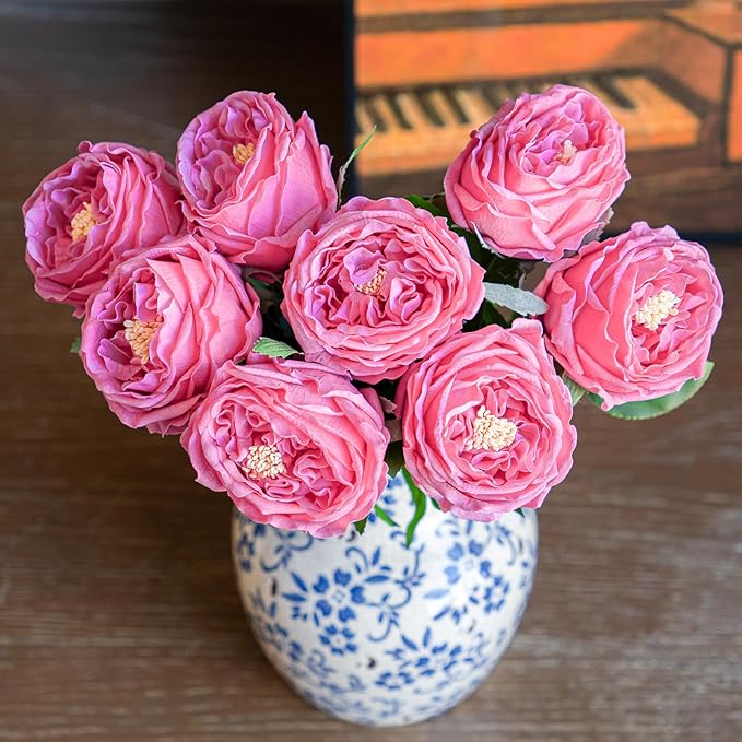 DUYONE Fake Flowers for Decoration Home Decor Artificial Flowers Austin Rose Peony Latex Fake Flower Living Room Decoration Vivid Pink Roses Peonies (Rose red 4pcs)