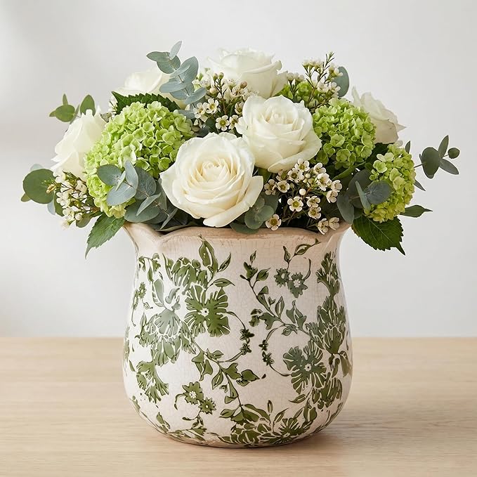 Vintage Ceramic Planter Pot with Drainage Holes, Green Floral Design, 6.11 Inch, Distressed Tuscan Style, Indoor Plant Pot and Vase (Green)