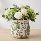Vintage Ceramic Planter Pot with Drainage Holes, Green Floral Design, 6.11 Inch, Distressed Tuscan Style, Indoor Plant Pot and Vase (Green)