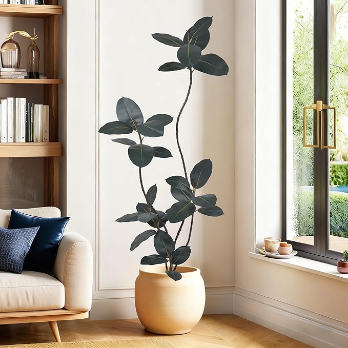 Artificial Rubber Tree 6FT(72in) Tall Faux Trees with Realistic Leaves, Fake Rubber Floor Potted Artificial Plants for Home Office Living Room Indoor Outdoor Decor (6feet,1Pack)