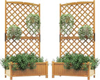 HAPPYGRILL 2 Pcs Raised Garden Bed, 71" Wooden Planter Box with Trellis, Drainage Holes, Freestanding Elevated Garden Bed for Vine Climbing Plants (Yellow)