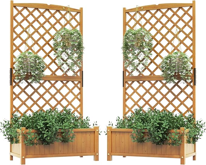 HAPPYGRILL 2 Pcs Raised Garden Bed, 71" Wooden Planter Box with Trellis, Drainage Holes, Freestanding Elevated Garden Bed for Vine Climbing Plants (Yellow)