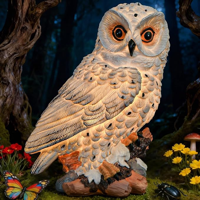 Solar Owl Garden Outdoor Statue,Owl Figurine Sculpture with LED Lights for Porch Patio Lawn Yard Deck Spring Decor - Mother's Day Housewarming Gift for Women Men Owl Lover(White)