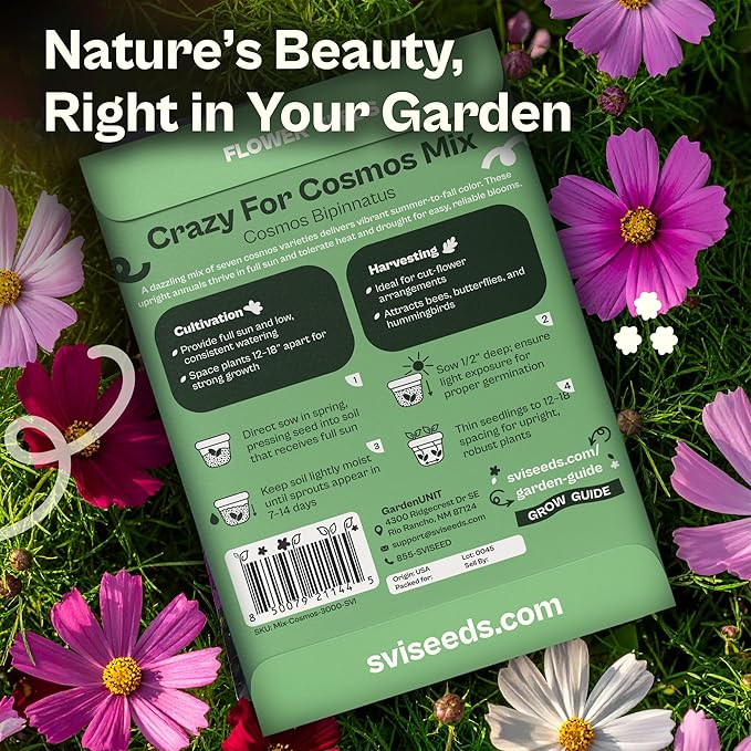SVI 3000 Mix Crazy for Cosmos Seeds (Cosmos bipinnatus) – Cosmo Mix Wildflower Seed Packets – Easy Grow Annual, Bulk Flower Seeds for Outside Flower Garden, Containers, Flowers Beds