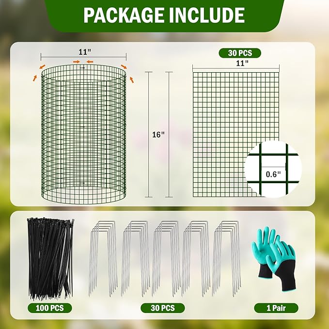 Uyittour 10 Pack Plant Protectors from Animals, 12" x 16" Round Metal Wire Garden Plant Cages to Keep Animals Out, Rabbit Proof Protection for Vegetables & Flowers with Stakes, Zip Ties & Gloves