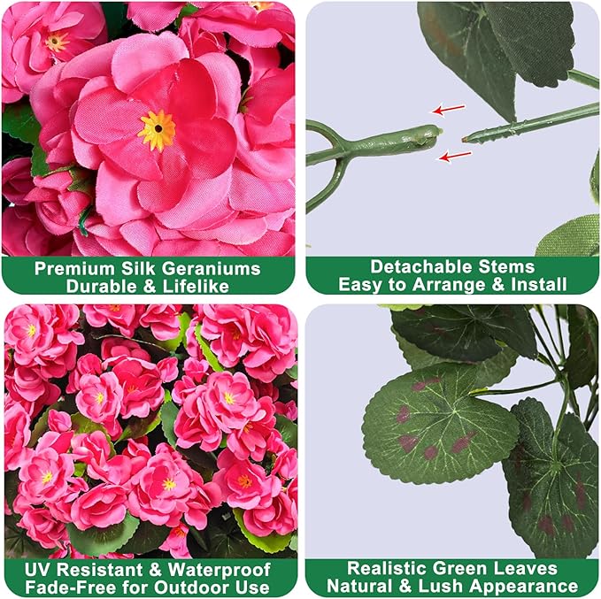 TURNMEON Artificial Geraniums Flowers for Outdoors Summer Decoration, 4 Bundles Fake Flowers Silk Pink Flowers UV Resistant No Fade Faux Plants for Planter Gardens Table Porch Indoor Cemetery Decor