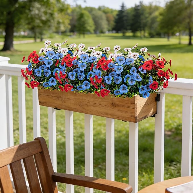 17 Inch Artificial Faux Pansy Flowers for Outdoor,Fake Pansies Flowers with Eucalyptus Leaves Fake Plants Greenery Boxwood Porch Patio Decor 6 Bundles(Red,Blue,White)