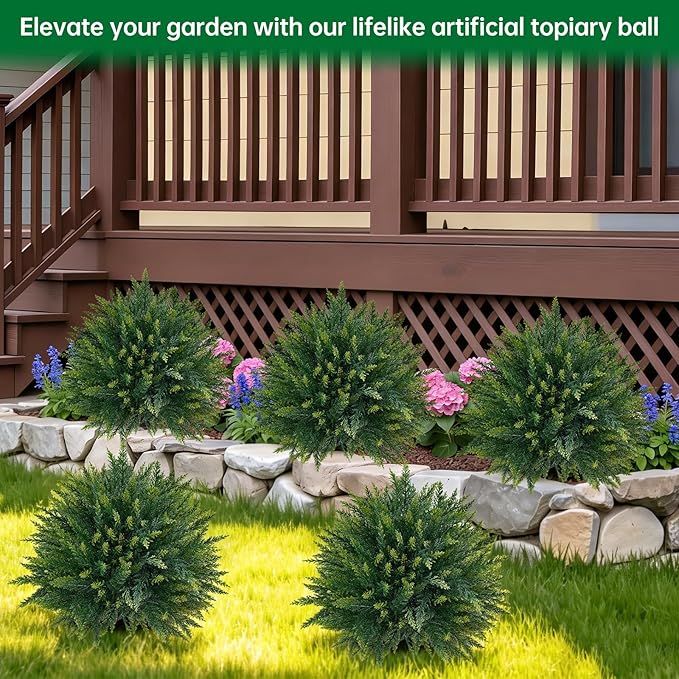 Artificial Cedar Topiary Trees with Ground Spike, 2 Pieces Fake Pine Shrubs Bushes, UV Resistant Faux Evergreen Cypress Tree Plants for Indoor Outdoor Planters Front Porch