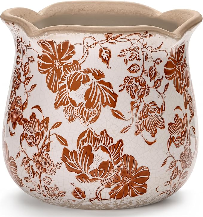 Vintage Ceramic Planter Pot with Drainage Holes, Green Floral Design, 6.11 Inch, Distressed Tuscan Style, Indoor Plant Pot and Vase (Red Flower)