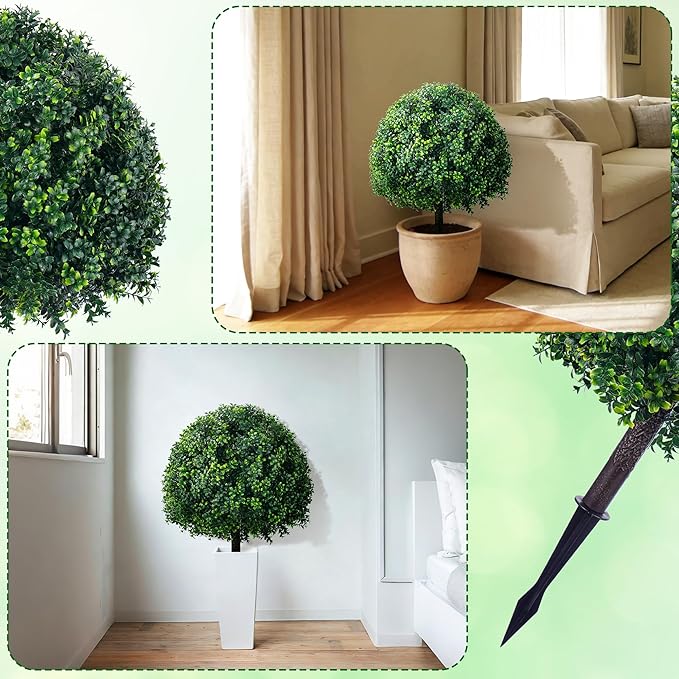 27.6" Artificial Topiary Boxwood Tree, Faux Boxwood Topiary Spheres with Spike, 2 Set Plants Shurbs Tree Waterproof UV Resistant Fake Plants for Outdoor Planter Porch Home Garden Spring Decor