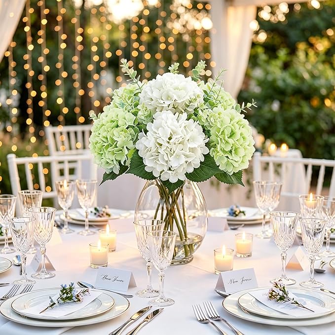 6Pcs Hydrangea Artificial Flowers Realistic Latex Texture for Spring Decoration Home Party Wedding Living Room Decoration 21''(3pcs Light Green+3pcs White)
