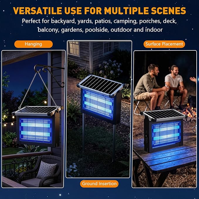 Solar Bug Zapper Outdoor, 4500V Solar Mosquito Zapper for Outdoor & Indoor, 1/2 Acre Coverage Cordless Rechargeable Electric Fly Zapper, IPX5 Waterproof Mosquito Traps for Backyard, Patio, Camping