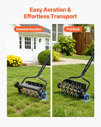 VEVOR Lawn Aerator, 18 in Manual Push Spike Aerator with 4 Wheels & Handle, Heavy Duty Grass Aerators, Supports 40 lbs Added Weight, Rolling Lawn Aeration Tool for Garden Yard Aeration Soil Health