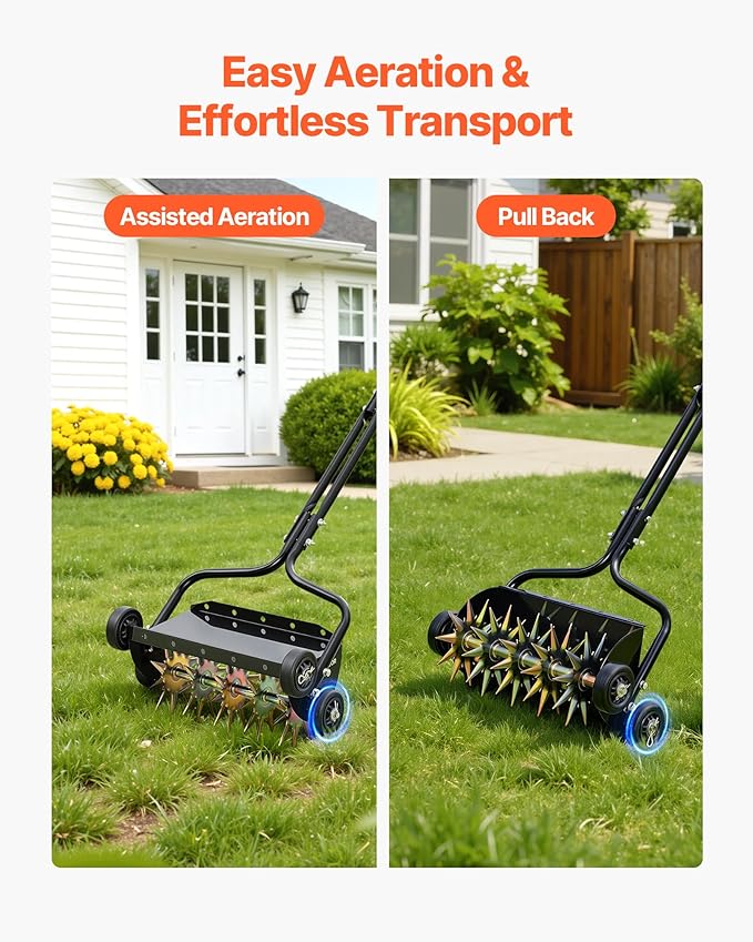 VEVOR Lawn Aerator, 18 in Manual Push Spike Aerator with 4 Wheels & Handle, Heavy Duty Grass Aerators, Supports 40 lbs Added Weight, Rolling Lawn Aeration Tool for Garden Yard Aeration Soil Health
