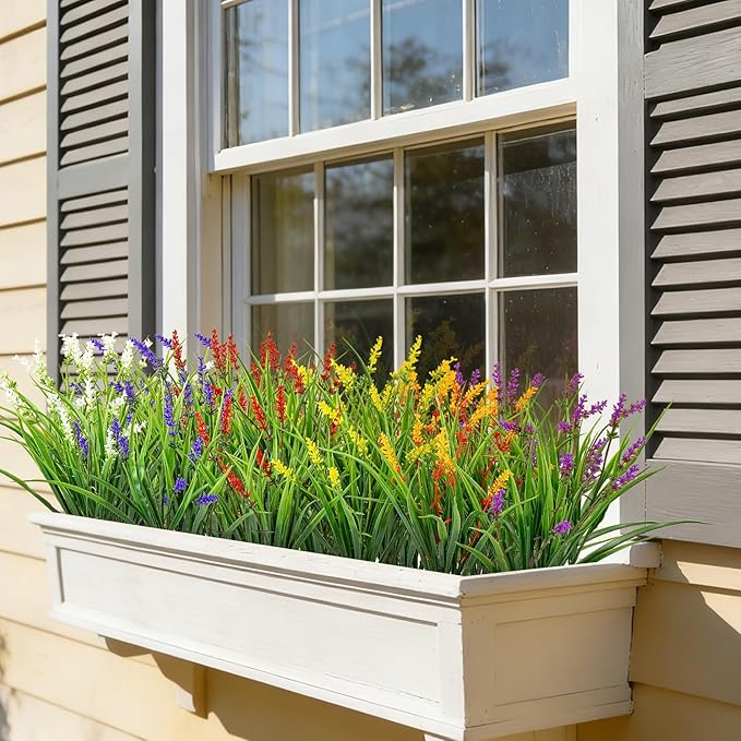 24 Bundles Artificial Plants Flowers Outdoor, Faux Lavender Flowers Fake Monkey Grass UV Resistant Plastic Plant for Porch Garden Patio Window Home Decor, Mixed Color