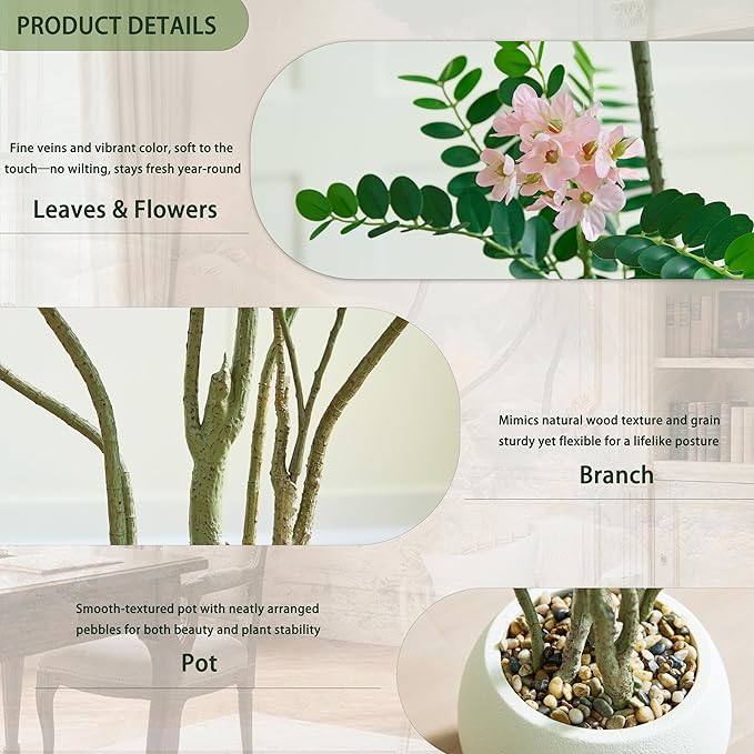 Artificial Mahonia Fortunei Tree - 6FT Artificial Plants Indoor, Fake Floor Plant with White Planter, Tall Sumac Faux Plants for Decor Indoor Home Sala Office Hotel Patio Studio（Pink