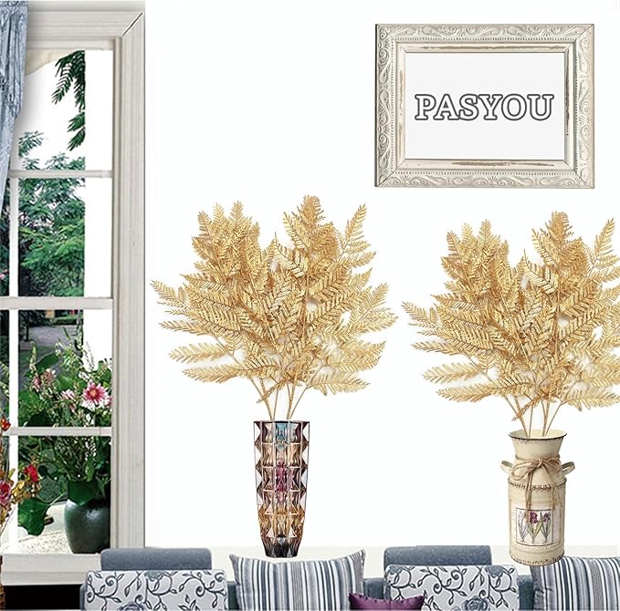 Artificial Plants Christmas Decor, PASYOU Gold Fern Fake Flowers Shrubs Plastic Grass Leaves Indoor Outdoor Home Garden Hotel Verandah Wedding Party Event Faux DIY Decoration, 30 Inch Golden 2 Bunches