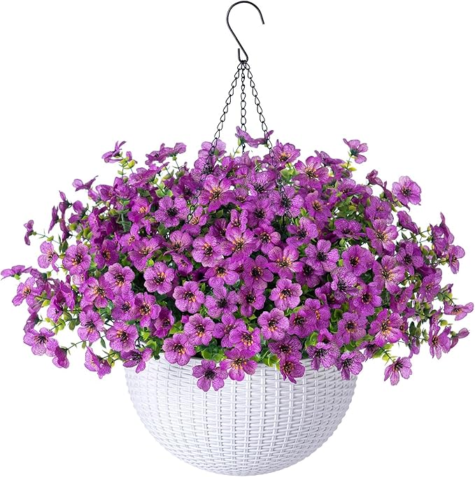 HyeFlora Artificial Fake Hanging Plants Flowers Basket for Outdoor Outside Spring Summer Decoration, Faux Silk Purple Daisy in Planter UV Resistant Realistic for Porch Patio Balcony Home Yard