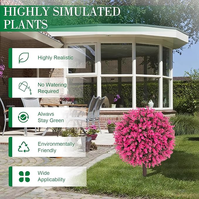 AOKIIE Set of 2 Artificial Pink Boxwood Topiary Ball Tree for Outdoor with Ground Spike, 22" UV Resistant Faux Greenery Shrubs, Fake Plants for Garden Yard Porch Patio(Pink)