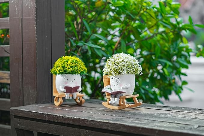 Rocking Chair Smiley Face Planter with Drainage Hole, Cute Plant Pots for Indoor Outdoor Plants,Unique Flower Pot for Succulents, Gift for Mother's Day, Birthday, Christmas(White)