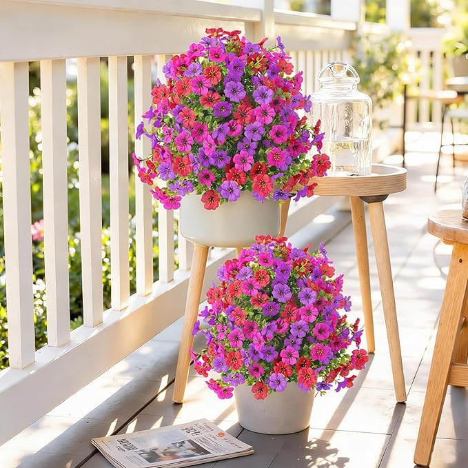 Alupssuc 2Pcs 20" Artificial Topiary Ball Flowers for Outdoors, Spring Decoration with Spike, UV Resistant Faux Summer Plants, Fake Bushes Indoor Decor, Red Rose Purple for Garden, Porch & Patio, Home