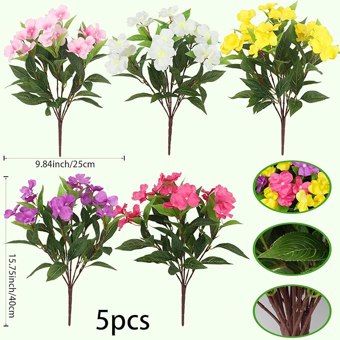 CITYES 5 Pcs Artificial Flowers Outdoor Impatiens UV Resistant Silk Impatiens Flowers Colorful Faux Flowers Impatiens Bushes Artificial Impatiens for Pot Patio Lawn Garden Hanging Basket Porch Decor