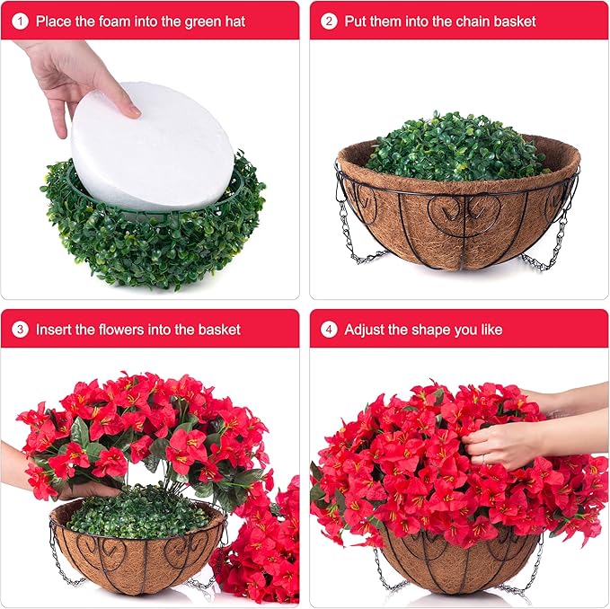 Artificial Fake Hanging Flowers for Outdoors Basket Spring Decor, Bougainvillea Faux Hanging Plants Outdoor Silk Flower in Planter Look Real UV Resistant for Outside Porch Patio Garden Yard Home, Red