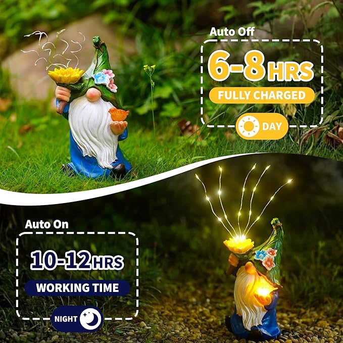Outdoor Garden Gnomes Statue: 9.5‘’ Solar Garden Decor with LED Light Patio Yard Lawn Funny Decoration Housewarming Birthday Gifts for Women