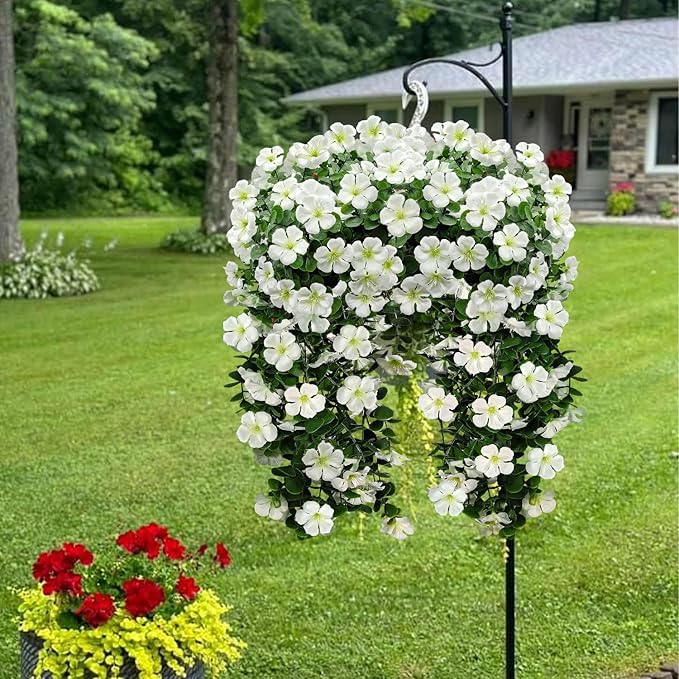 Artificial Geranium Hanging Flowers for Outdoor Decoration, 2 Bundles UV Resistant Silk Geranium Fake Plants Faux Flowers for Front Porch Garden Patio Window Box Outside Indoor Decor (White)