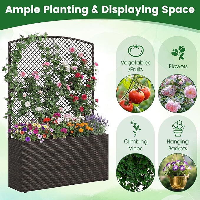 Happygrill Raised Garden Bed with Trellis, 58" Wicker Planter Box with Privacy Screen, Liner, Drainage for Patio Balcony, Outdoor PE Rattan Elevated Garden Bed for Climbing Plant Vine Flower (Brown,2)