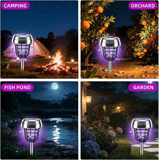 2026 Solar Bug Zapper Outdoor Waterproof Mosquito Repellent Outdoor Patio Mosquito Trap & Killer for Backyard, Farm, Garden, Solar Powered Fly Zapper for Small Flying Insect, Flies, Gnats, Moths(4)