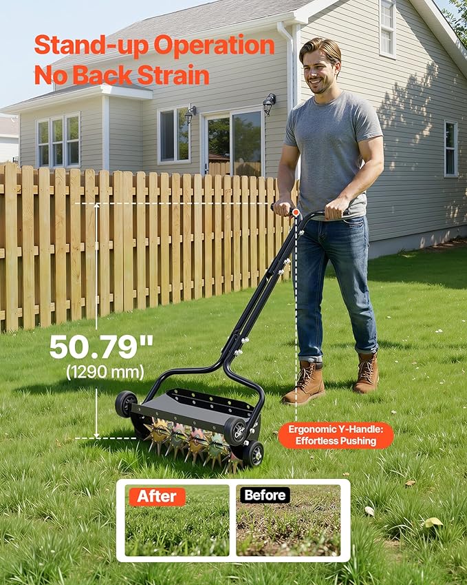 VEVOR Lawn Aerator, 18 in Manual Push Spike Aerator with 4 Wheels & Handle, Heavy Duty Grass Aerators, Supports 40 lbs Added Weight, Rolling Lawn Aeration Tool for Garden Yard Aeration Soil Health