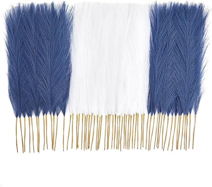 50PCS Pampas Grass Decor, 17" Pampas Grass, Fluffy Small Pampas Grass for Vase Filler Home Wedding Wall Table Party Decoration（Blue&White）
