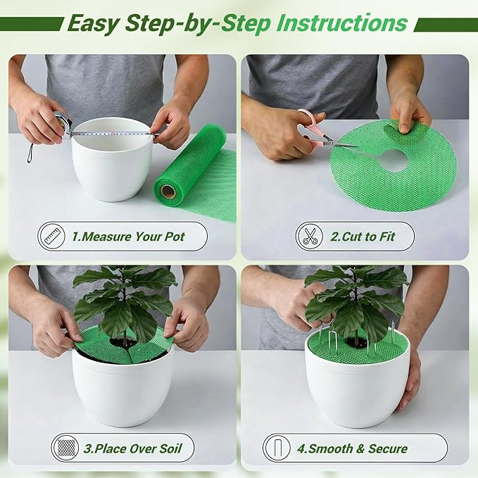 Plant Pot Grid Set, 15.7" W x 118" L Indoor Plant Protector from Cats, Cuttable Pot Soil Cover Protector from Animals with Stakes & Zip Ties for Garden Balcony, Fits Different Pot Sizes(Green)