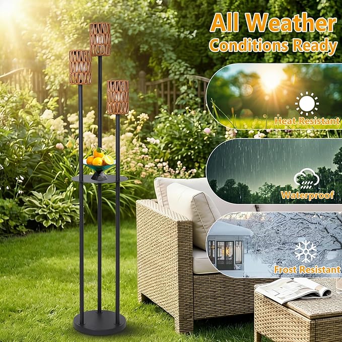 Solar Outdoor Floor Lamp Waterproof, Cordless Outdoor Lamps for Patio with Shelves Plant Stand, Rattan Solar Lamp for Outside, Wireless Outdoor Light for Yard Garden Deck Porch Decor
