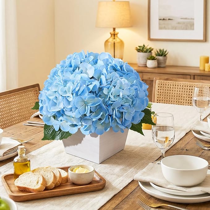 Artificial Hydrangea Flowers Arrangement in Wood Planter, 4PCS Fake Blue Flowers in Wooden Vase Potted Floral Centerpieces for Tables Living Room Home Office Room Shelf Kitchen Decor