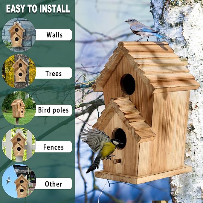 Bird Houses for Outside, Wooden Outdoor 2 Hole Bird House, Can Accommodate 2 Bird Families Suitable for Bluebird,Finch,Cardinals, Garden Hanging Birdhouse No Assembly Required