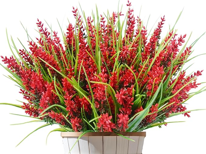 Kinisty 20 Bundles Outdoor Artificial Plants and Flowers, UV Resistant Faux Monkey Grass with Lavender and Fake Plastic Greenery for Spring Summer Outside Planter Porch Garden Decor, Red