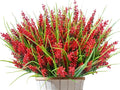 Kinisty 20 Bundles Outdoor Artificial Plants and Flowers, UV Resistant Faux Monkey Grass with Lavender and Fake Plastic Greenery for Spring Summer Outside Planter Porch Garden Decor, Red