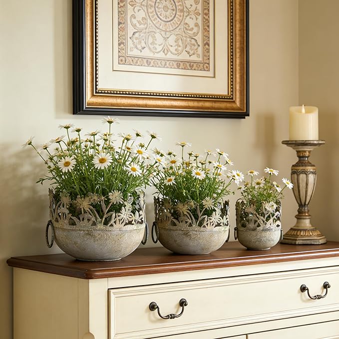 3 Piece Vintage Metal Planter Set, Rustic Distressed Farmhouse Flower Pots with Handles for Indoor Outdoor Garden, Tabletop Centerpieces & Wedding Decor