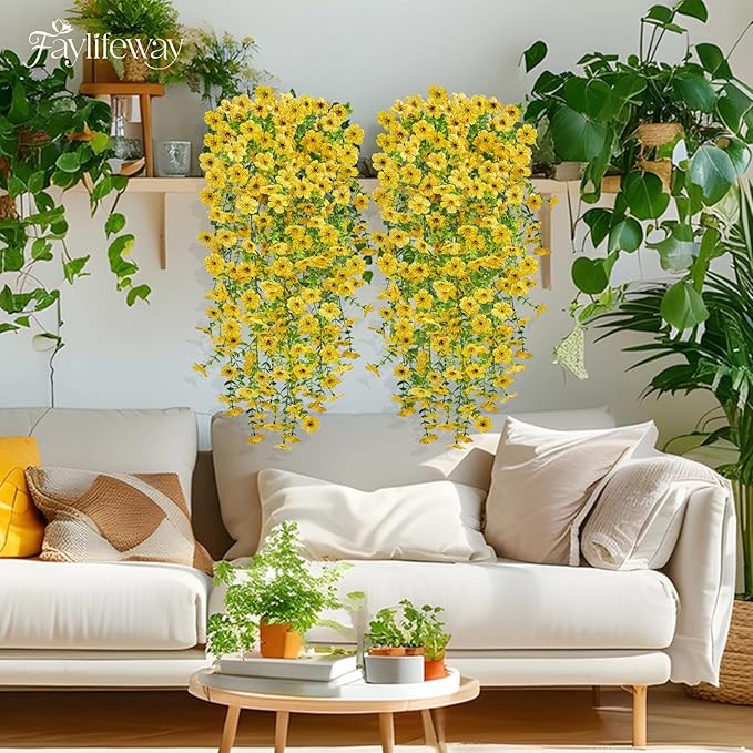 Artificial Hanging Flowers for Outdoors Spring Summer Decoration, 8PCS UV Resistant Silk Fake Hanging Plants for Patio Porch Front Yard Window Garden Indoor Decor(Yellow,8PCS)