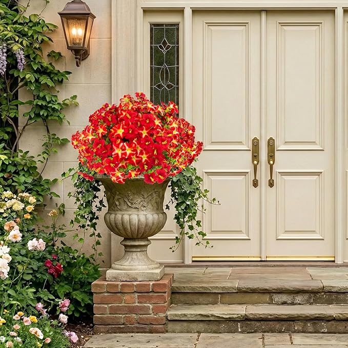 Daynight 32 Pcs Faux Petunias Artificial Flowers Plants for Outdoor Plant Decoration, UV Resistant Fake Petunias Realistic Silk Flowers for Porch Yard Garden Window Decor (32, Red)