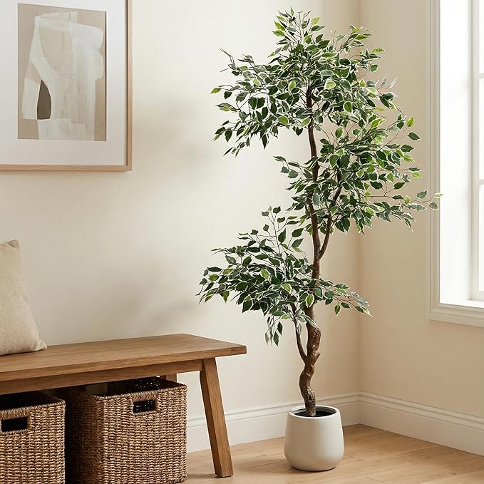 6FT Artificial Ficus Tree Indoor Outdoor, Fake Plants Indoor with White Pot, Realistic White-Edged Leaves Potted Tree for Home Office Decor