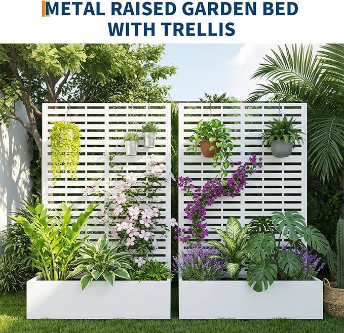 Metal Raised Garden Bed with Trellis & Privacy Screen, 70.1"x45"x15" Galvanized Metal Planter Box with Drainage Holes for Patio Balcony Outdoor Climbing Plants Flowers Vegetable, White