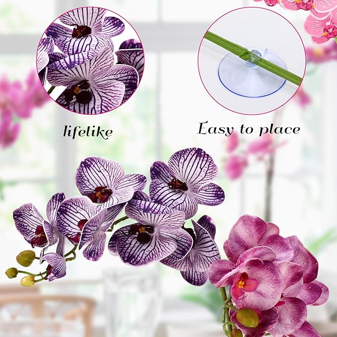 Chuangdi 2 Pcs Artificial Phalaenopsis with Suction Cups Terrarium Plant Decoration Reptile Habitat Plant Decor for Hermit Crab Lizards Geckos Snake(Jelly Purple,Lilac Purple,Fresh)