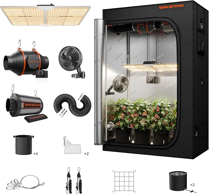 Spider Farmer 2x4 Complete Grow Tent Kit, SF2000 Full Spectrum Dimmable LED Grow Light Tent Complete System 24" x 47" x 71" Growing Tent Set 4" Ventilation System & 6'' Clip Fan