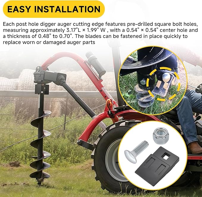 (4-Pack) 3 Point Auger Teeth Cutting Edge Replacement for Most Heavy Duty 3 Point Tractor Post Hole Digger Augers Bit Teeth Parts,with Bolts and Built-in Nylon Lock Nuts,3.2" x 2"