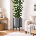 D'vine Dev Ceramic Planter with Ebony Stand - 14 Inch Modern Round Flower Pot with Wood Planter Holder, Grey, 55-B-S-3